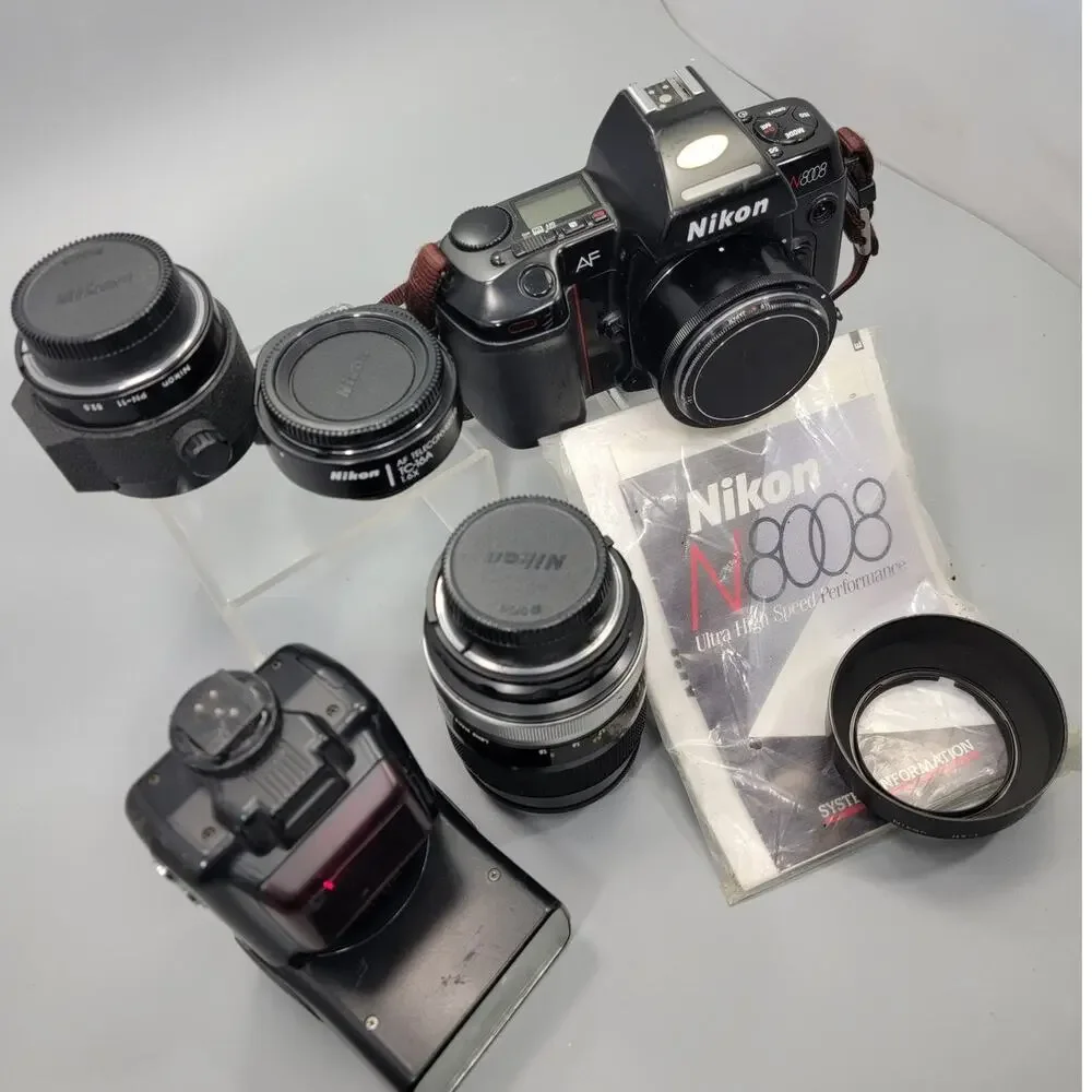 Nikon N8008 35mm Camera SLR Body, Cap, Lens, Hood, Flashes, Extensions + Manual